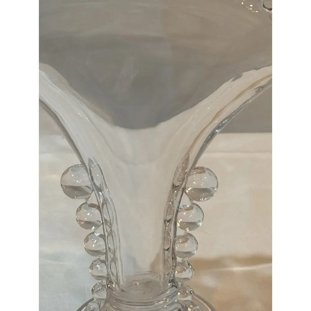 Imperial Glass Candlewick Clear Fan Vase 8.5” Beaded Rim Bubble Handles Vintage